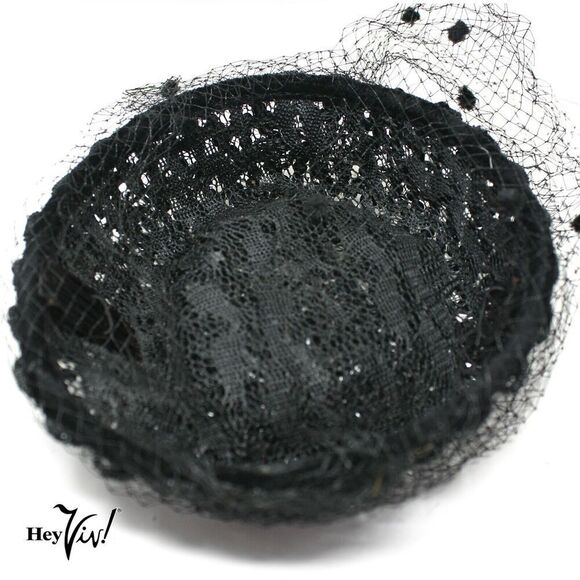 Vintage Black Sequin Ring Halo Hat w Veil Cocktail Eveningwear - Hey Viv - Picture 3 of 5